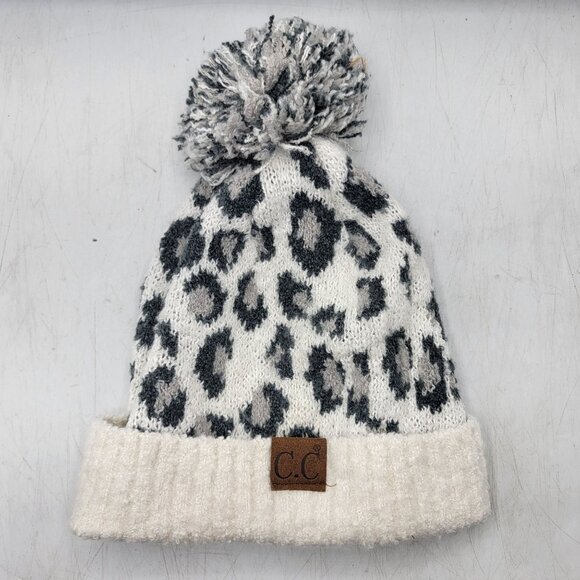 C.C. Exclusives Leopard Boucle Womens Knit Leopard Print Beanie Hat With Pom - Picture 1 of 6